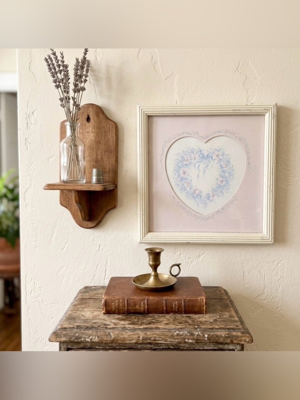 Vintage Cottagecore Framed Floral Heart Bow Wreath Print Shabby Chic Wall Art